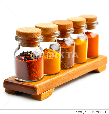 Colorful Spices in Glass Jars on Wooden Stand 119794021
