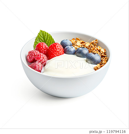 Fresh Yogurt with Berries and Granola in White Bowl 119794116