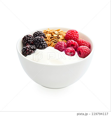 Fresh Yogurt with Berries and Granola in Bowl 119794117
