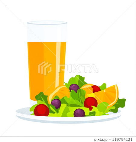 Fresh Salad and Beverage on a White Background 119794121