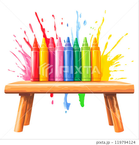 Vibrant Crayons on a Wooden Table with Color Splash Vibrant Crayons on a Wooden Table with Color Splash 119794124