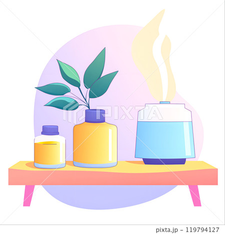 Essential Oils and Aroma Diffuser on a Shelf Essential Oils and Aroma Diffuser on a Shelf 119794127