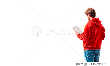 Young Man Reading Book in Red Hoodie Young Man Reading Book in Red Hoodie 119794168