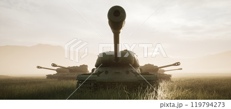 3d illustration. A tank division in a field at sunset in a hilly area.	 119794273