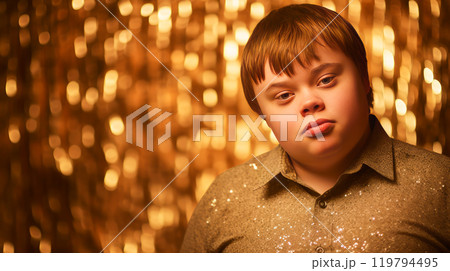 Portrait of smiling laughing teenager guy with Down syndrome golden background. 119794495