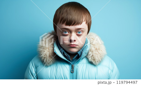 Portrait of smiling laughing teenager guy with Down syndrome blue background. 119794497