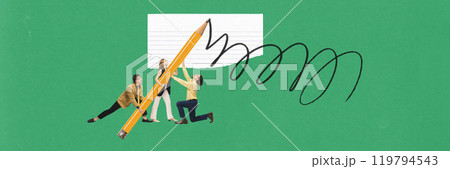 Contemporary art collage. Students hold giant pencil, collaboratively writing on notebook paper, symbolizing teamwork, shared learning. 119794543