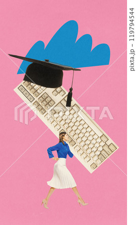 Contemporary art collage. Girl carries a giant keyboard with graduation cap on top, symbolizing fusion of tech skills and education 119794544