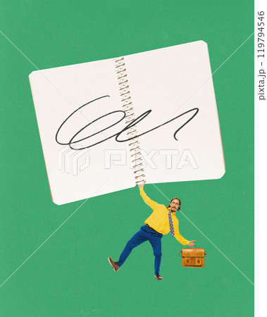 Contemporary art collage. man holds giant notebook and bag symbolizing readiness to capture ideas, strategize, and innovate. 119794546
