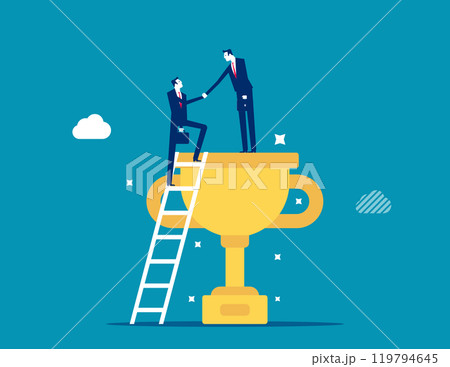 Partnership help success, support or mentor to assist to achieve goal and win together, teamwork, trust or leadership concept, businessman help colleagues to climb up ladder step on winning trophy. 119794645