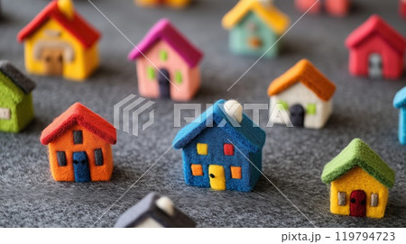 Colorful felt houses on a soft gray surface for educational and childcare settings 119794723
