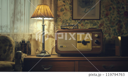 ノスタルジックな部屋のヴィンテージラジオとランプの温かい風景 119794763