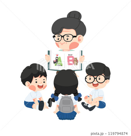 A group of children sitting in a circle around a teacher A group of children sitting in a circle around a teacher 119794874