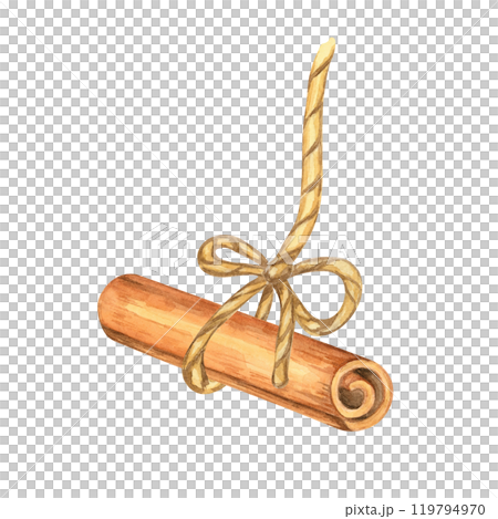 Cinnamon stick bundled with a yellow rustic twine bow. Baking spice isolated watercolor clipart. This artwork is perfect for holiday packaging, handmade product branding, and seasonal decor design Cinnamon stick bundled with a yellow rustic twine bow. Baking spice isolated watercolor clipart. This artwork is perfect for holiday packaging, handmade product branding, and seasonal decor design 119794970