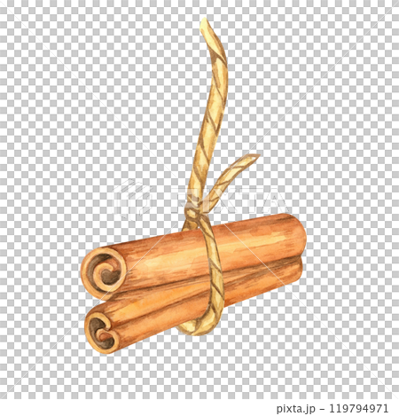Two cinnamon sticks tied with a rustic string. Spice for baking. Isolated watercolor clipart. Suitable for food packaging, spice product branding, or eco-friendly merchandise designs Two cinnamon sticks tied with a rustic string. Spice for baking. Isolated watercolor clipart. Suitable for food packaging, spice product branding, or eco-friendly merchandise designs 119794971