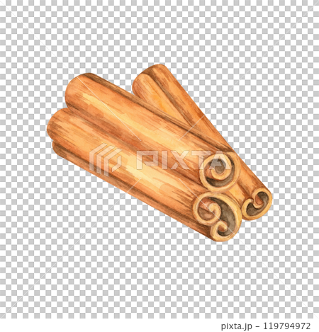A set of three rolled cinnamon sticks in shades of rich brown. Isolated watercolor illustration. Spices clipart. Ideal for recipe cards, food blogs, restaurant menus, or seasonal merchandise A set of three rolled cinnamon sticks in shades of rich brown. Isolated watercolor illustration. Spices clipart. Ideal for recipe cards, food blogs, restaurant menus, or seasonal merchandise 119794972