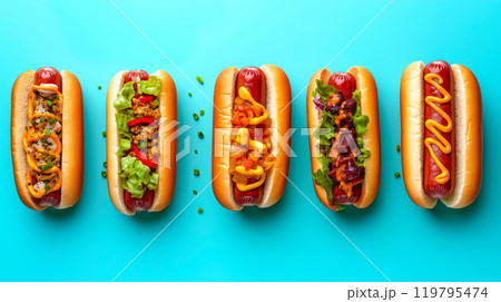 Hot dogs with mustard and ketchup Hot dogs with mustard and ketchup 119795474