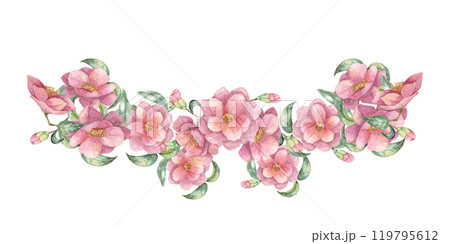Camelia japonica flowers band with green leaves in watercolor. Hand-drawn isolated floral Clipart of pink blooming flowers, composition for wrapping paper, tote bags, wedding invitations, stationery 119795612
