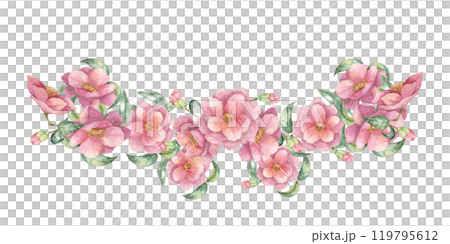 Camelia japonica flowers band with green leaves in watercolor. Hand-drawn isolated floral Clipart of pink blooming flowers, composition for wrapping paper, tote bags, wedding invitations, stationery 119795612