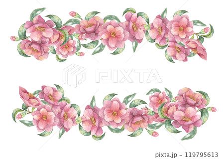 Arrangement of pink camellia flowers and green leaves forming a rectangular frame. Watercolor clipart with two floral borders for decorating invitations, announcements, or packaging Arrangement of pink camellia flowers and green leaves forming a rectangular frame. Watercolor clipart with two floral borders for decorating invitations, announcements, or packaging 119795613