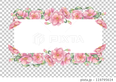 Camellia frame in a rectangular shape with pink blossoms and green foliage. Isolated Floral watercolor clipart for creating wedding invitations, stationery, birthday or save the date cards 119795614