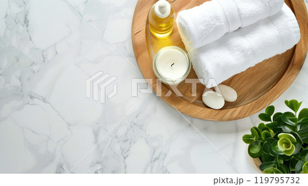 Spa composition with aroma oil, candles and towels 119795732
