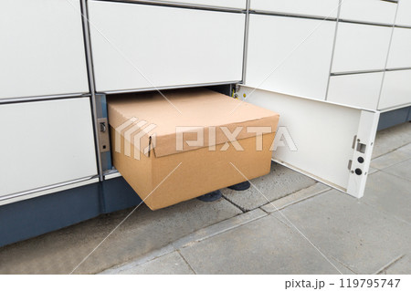 Cardboard Parcel in Open Locker for Pickup 119795747