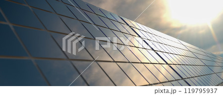 Solar panel background. Sun Above the Solar Farm. 3d rendering 119795937
