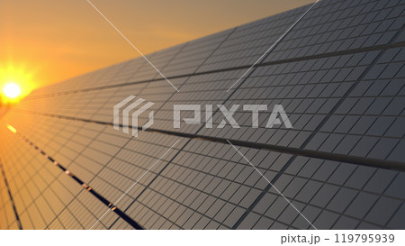 Solar panel background. Sun Above the Solar Farm. 3d rendering 119795939