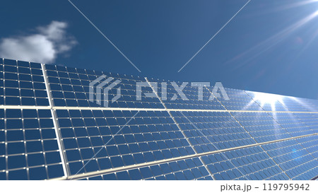 Solar panel background. Sun Above the Solar Farm. 3d rendering 119795942