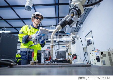 Technician engineer using remote control automation robotics at industrial modern lab factory. male team technological researching and developing working at factory innovation automation robot. Technician engineer using remote control automation robotics at industrial modern lab factory. male team technological researching and developing working at factory innovation automation robot. 119796418
