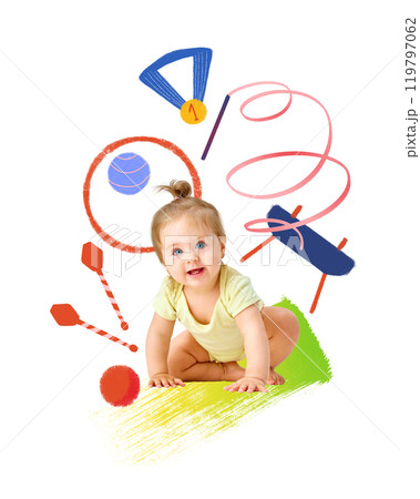 Poster. Contemporary art collage. Happy, active little toddler, sitting surrounded painted gymnastic, sport equipment. 119797062