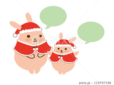 サンタクロースの衣装をきたうさぎの親子、吹き出しあり 119797196