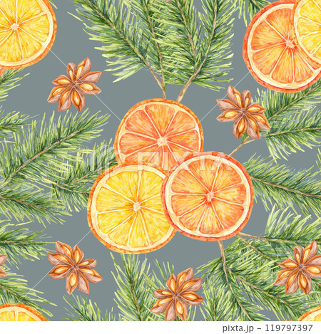 Oranges, green pine branches, and brown anise stars on grey background. Watercolor seamless pattern. Winter design for holiday textiles, packaging, wrapping paper, stationery Oranges, green pine branches, and brown anise stars on grey background. Watercolor seamless pattern. Winter design for holiday textiles, packaging, wrapping paper, stationery 119797397