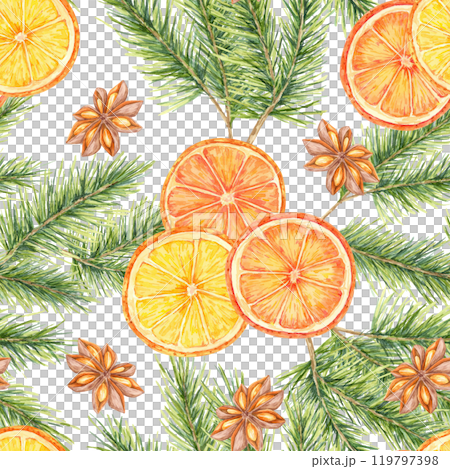 Oranges, pine branches, anise and cinnamon sticks. Watercolor seamless pattern. It is ideal for holiday textiles, packaging, and other merchandise related to festive or food-centric designs. Oranges, pine branches, anise and cinnamon sticks. Watercolor seamless pattern. It is ideal for holiday textiles, packaging, and other merchandise related to festive or food-centric designs. 119797398