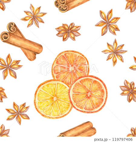 Star anise, cinnamon sticks, and sliced oranges. Seamless watercolor pattern offers a fresh seasonal festive design for use on fabrics, packaging, or as digital backgrounds for blogs or websites Star anise, cinnamon sticks, and sliced oranges. Seamless watercolor pattern offers a fresh seasonal festive design for use on fabrics, packaging, or as digital backgrounds for blogs or websites 119797406