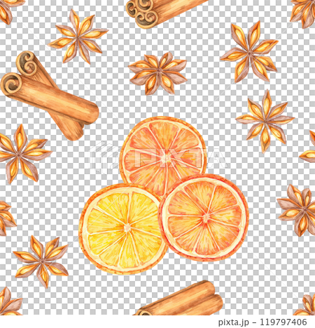 Star anise, cinnamon sticks, and sliced oranges. Seamless watercolor pattern offers a fresh seasonal festive design for use on fabrics, packaging, or as digital backgrounds for blogs or websites Star anise, cinnamon sticks, and sliced oranges. Seamless watercolor pattern offers a fresh seasonal festive design for use on fabrics, packaging, or as digital backgrounds for blogs or websites 119797406
