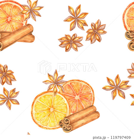 Orange slices, cinnamon sticks, and star anise. Warm, seamless watercolor pattern. Use this clipart for seasonal packaging, fabrics, or branding for food or beverage-related products Orange slices, cinnamon sticks, and star anise. Warm, seamless watercolor pattern. Use this clipart for seasonal packaging, fabrics, or branding for food or beverage-related products 119797409