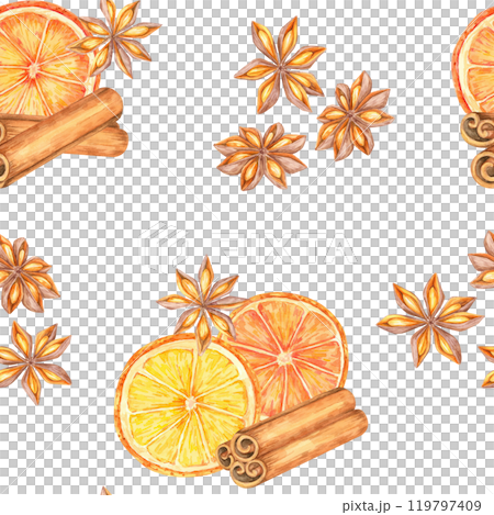Orange slices, cinnamon sticks, and star anise. Warm, seamless watercolor pattern. Use this clipart for seasonal packaging, fabrics, or branding for food or beverage-related products 119797409