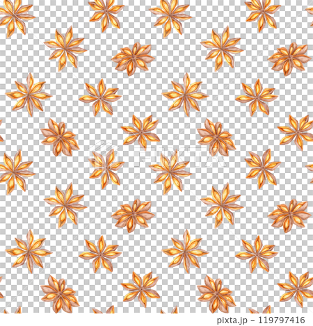Star anise on a clean backdrop. Seamless pattern, spice watercolor clipart is perfect for use in kitchen textiles, stationery, or digital backgrounds, especially for culinary or seasonal projects 119797416
