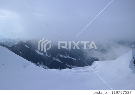 Tranquil Lake With Lush Green Forest, Snow-Capped Mountain, Blue Sky And White Clouds 119797587