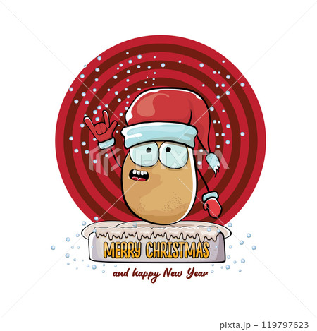 vector funky comic cartoon cute smiling santa claus potato with red santa hat and calligraphic merry christmas text isolated on abstract background with snow. Happy Santa Claus clip art 119797623