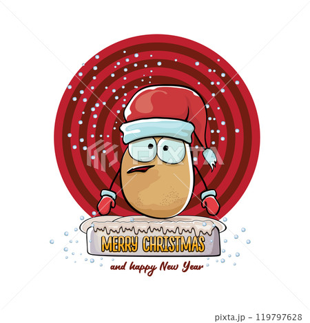 vector funky comic cartoon cute smiling santa claus potato with red santa hat and calligraphic merry christmas text isolated on abstract background with snow. Happy Santa Claus clip art vector funky comic cartoon cute smiling santa claus potato with red santa hat and calligraphic merry christmas text isolated on abstract background with snow. Happy Santa Claus clip art 119797628
