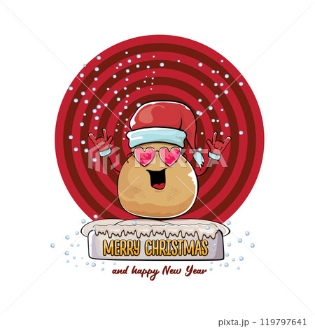 vector funky comic cartoon cute smiling santa claus potato with red santa hat and calligraphic merry christmas text isolated on abstract background with snow. Happy Santa Claus clip art vector funky comic cartoon cute smiling santa claus potato with red santa hat and calligraphic merry christmas text isolated on abstract background with snow. Happy Santa Claus clip art 119797641