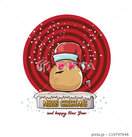 vector funky comic cartoon cute smiling santa claus potato with red santa hat and calligraphic merry christmas text isolated on abstract background with snow. Happy Santa Claus clip art 119797646