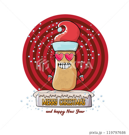 vector funky comic cartoon cute smiling santa claus potato with red santa hat and calligraphic merry christmas text isolated on abstract background with snow. Happy Santa Claus clip art 119797686