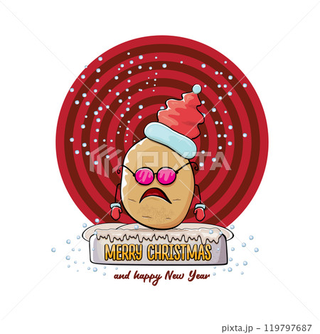 vector funky comic cartoon cute smiling santa claus potato with red santa hat and calligraphic merry christmas text isolated on abstract background with snow. Happy Santa Claus clip art 119797687