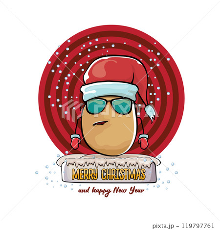 vector funky comic cartoon cute smiling santa claus potato with red santa hat and calligraphic merry christmas text isolated on abstract background with snow. Happy Santa Claus clip art 119797761