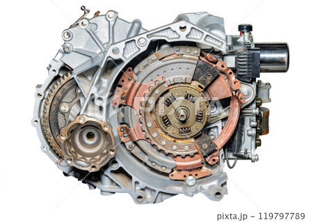 Cross section of modern car automatic transmission gearbox showing gears and clutch disks, isolated on white background. Cross section of modern car automatic transmission gearbox showing gears and clutch disks, isolated on white background. 119797789