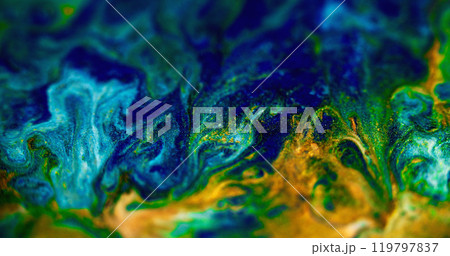 Sparkling ink blend. Wet glitter flow. Defocused golden cyan blue color metallic shimmering particles marble texture paint splash abstract art background. 119797837